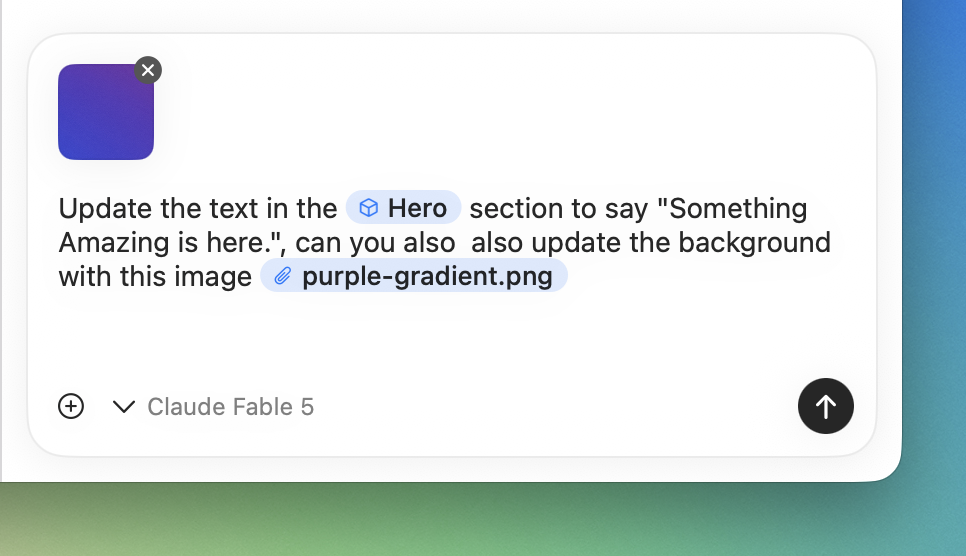 Elements AI Assistant message targeting the Hero section and the purple-gradient.png image