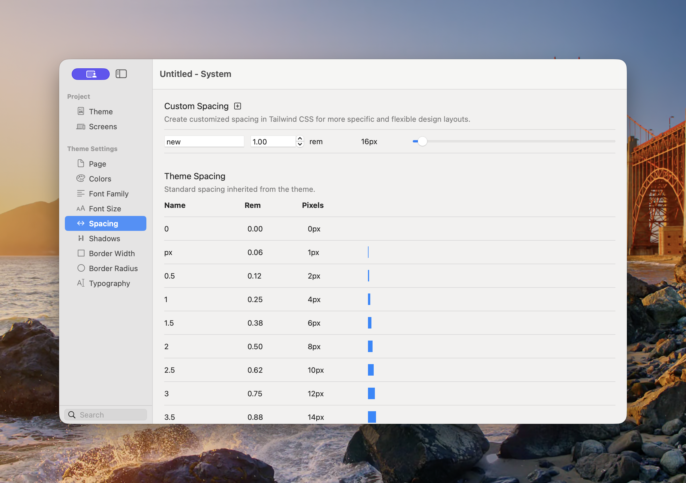 Theme Studio Spacing panel showing a custom spacing value and the inherited spacing scale in rem and pixels