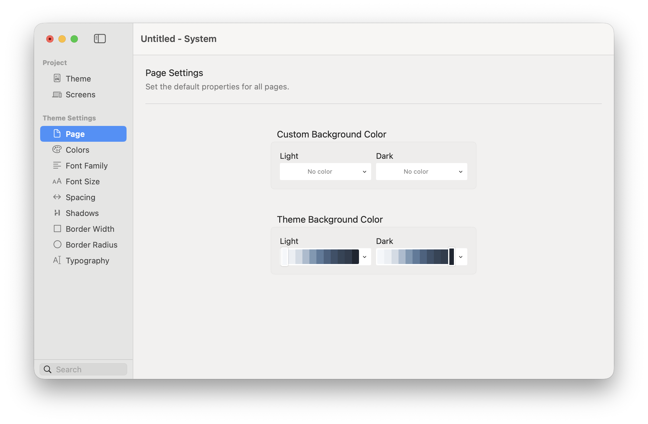 Theme Studio Page panel with custom and theme background colours for light and dark appearance