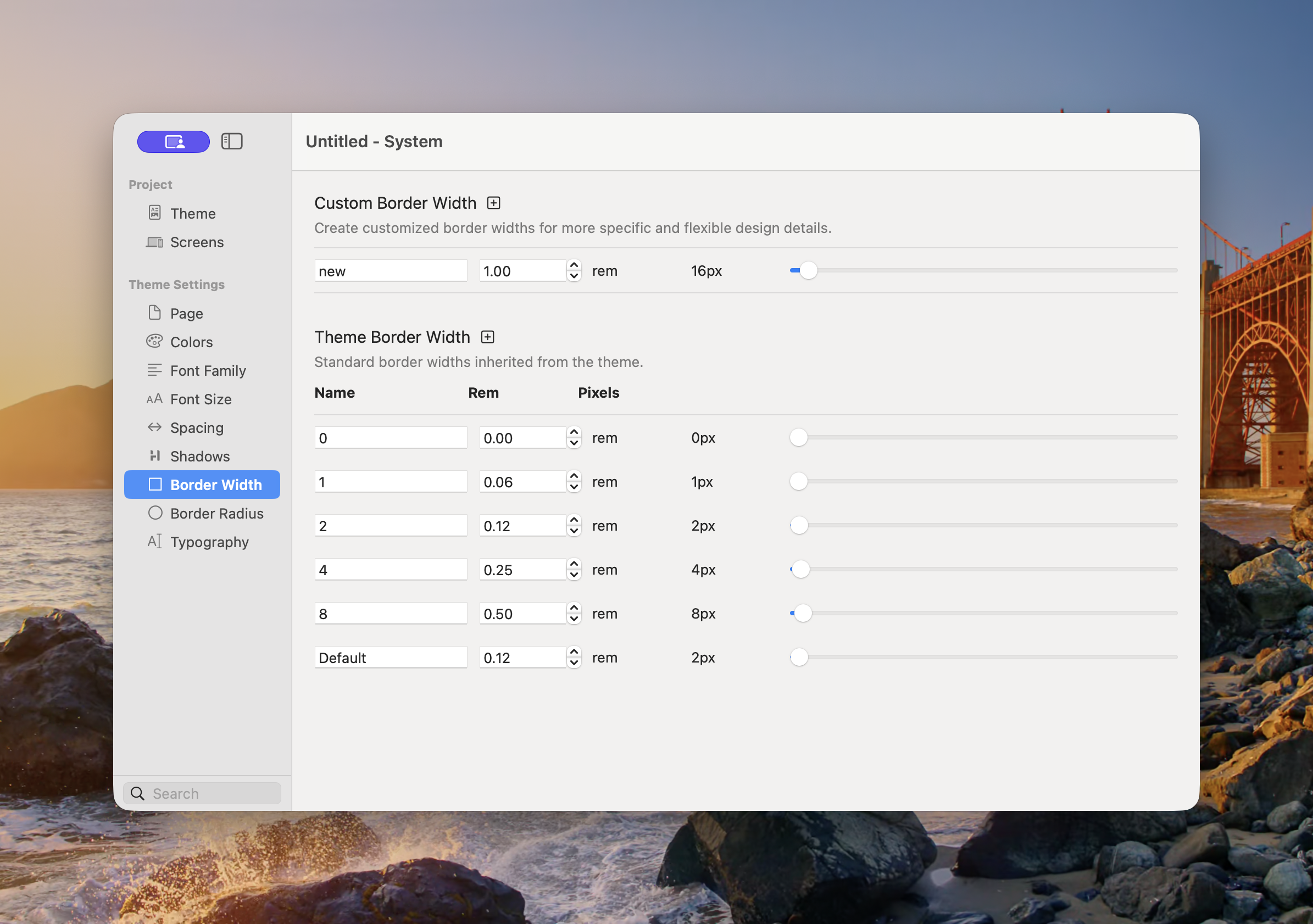 Theme Studio Border Width panel showing custom and inherited border widths in rem and pixels