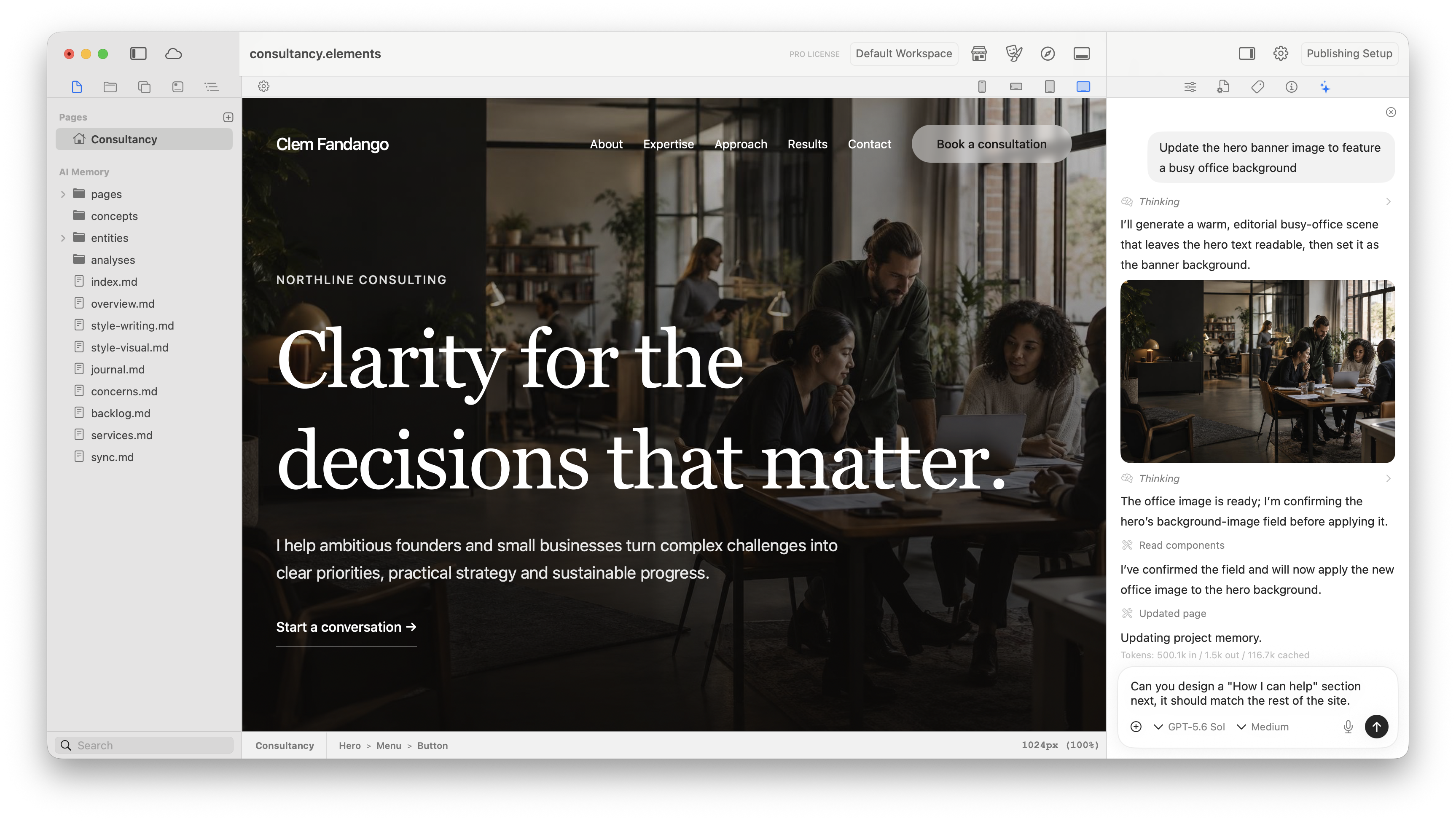 Elements showing a consultancy website with AI Memory below Pages and the AI Assistant generating and applying a new hero image
