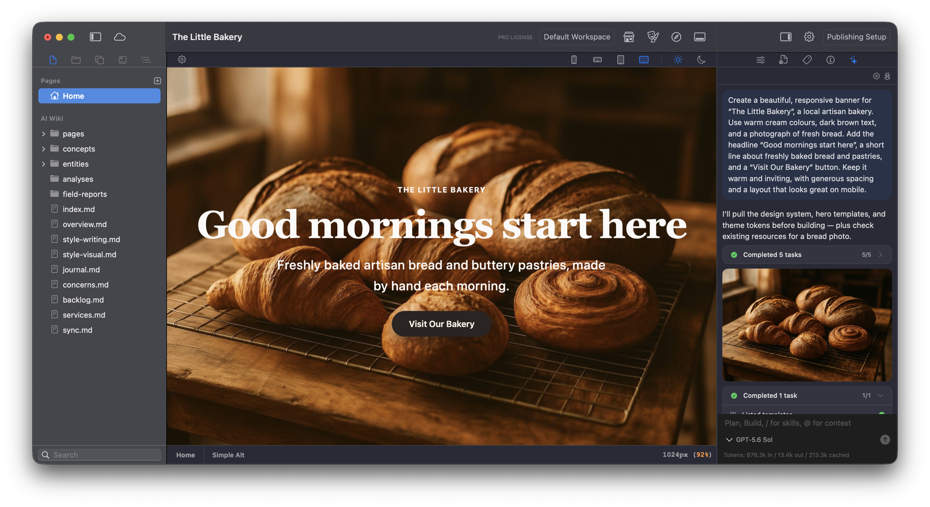Elements showing The Little Bakery project, with project memory below Pages on the left and the AI Assistant open under the sparkles tab on the right