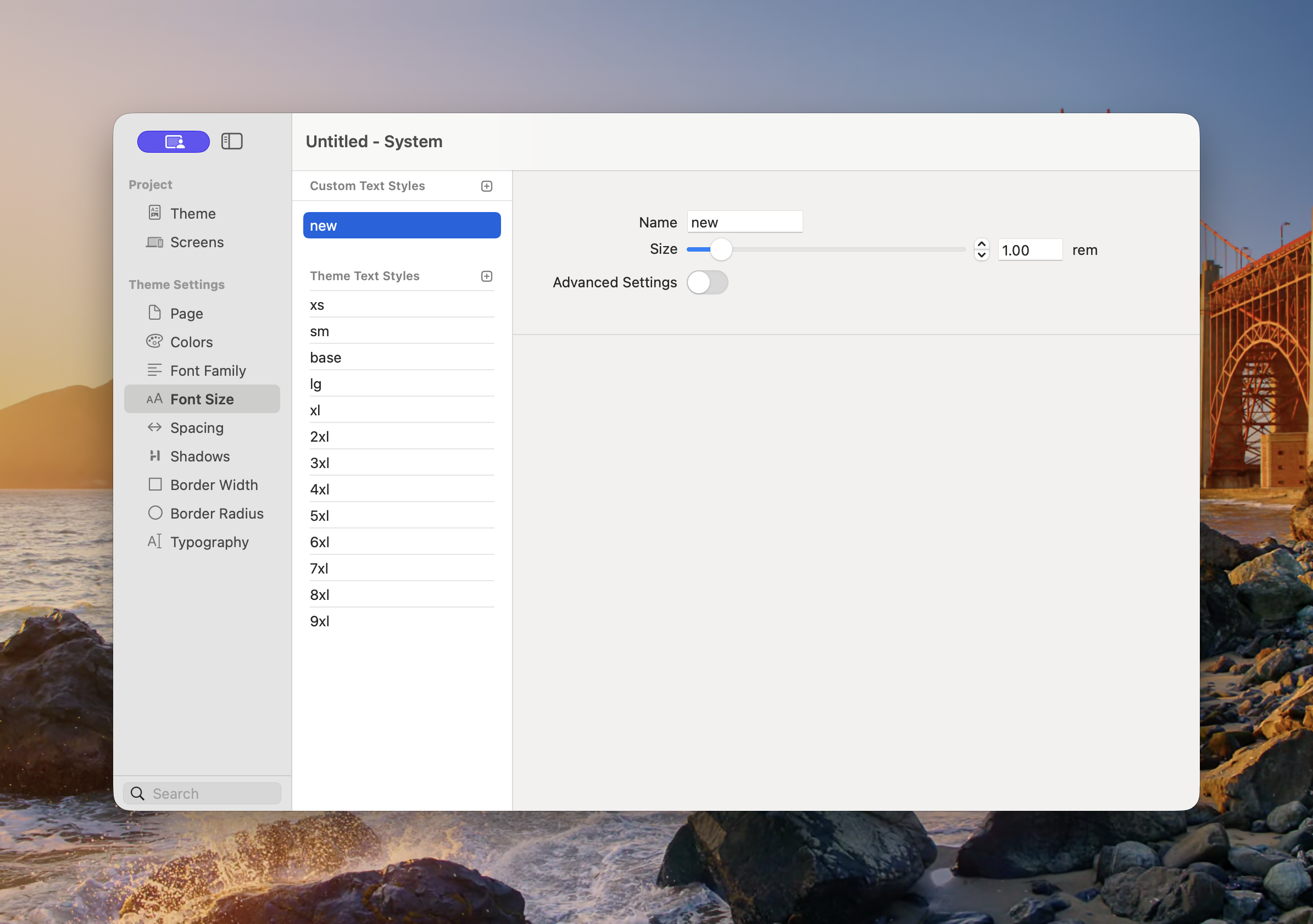 Theme Studio Font Size panel showing a custom size and the inherited xs to 9xl text scale
