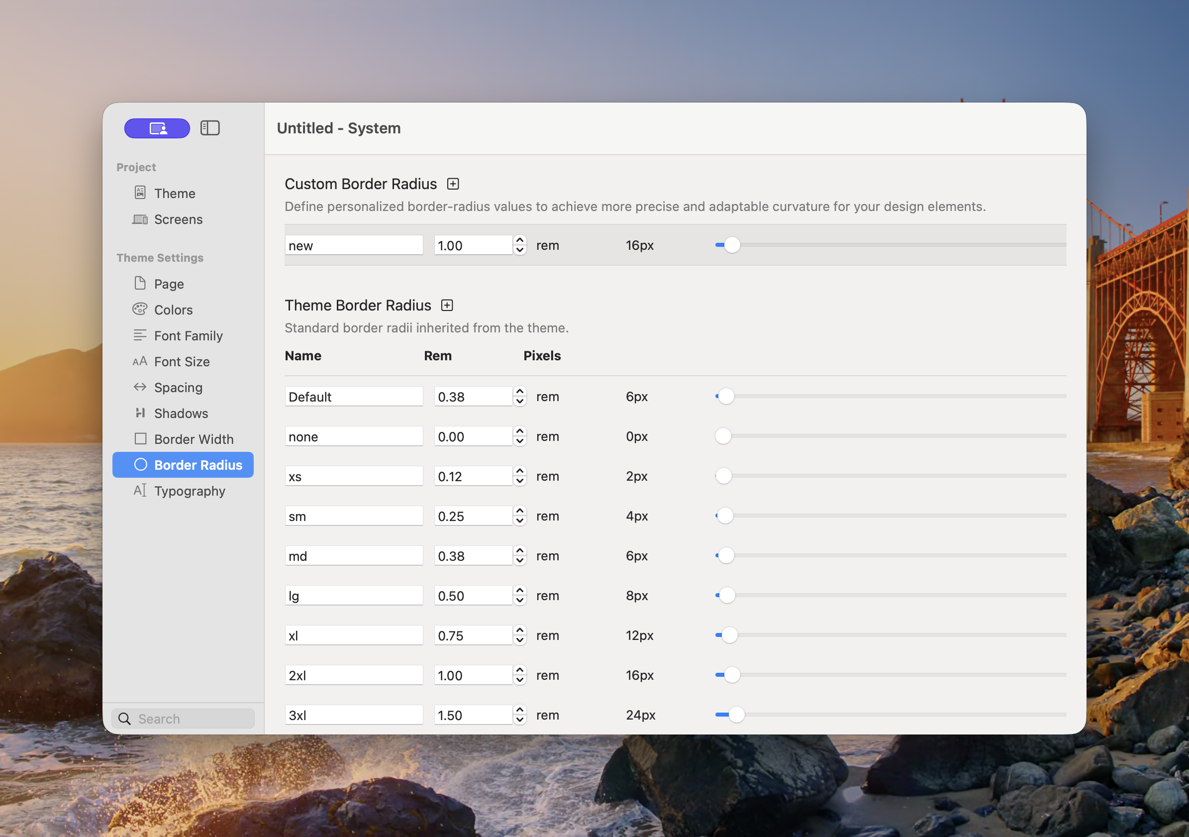 Theme Studio Border Radius panel showing custom and inherited radius values in rem and pixels