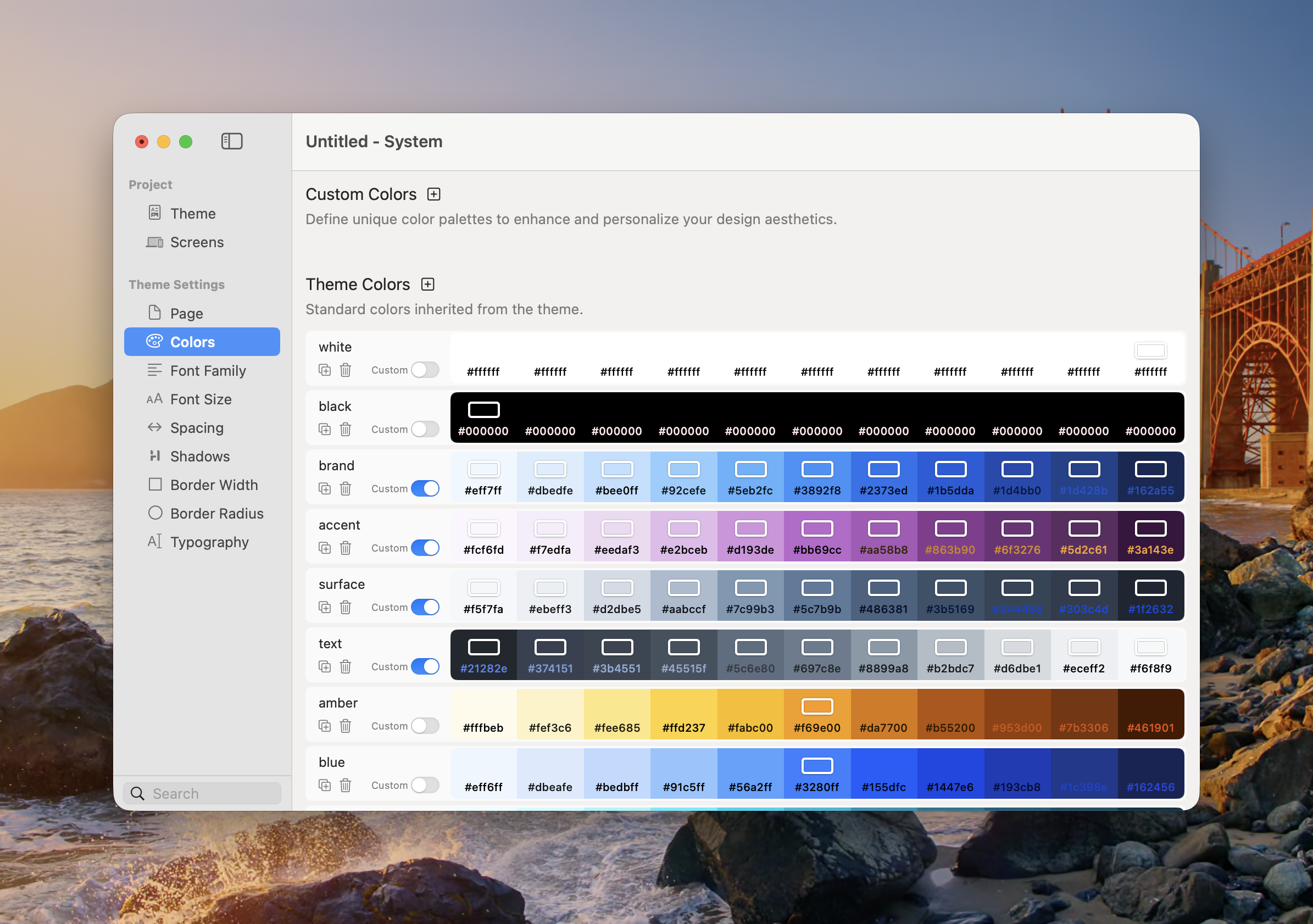 Theme Studio Colors panel showing custom colours and inherited theme colour palettes