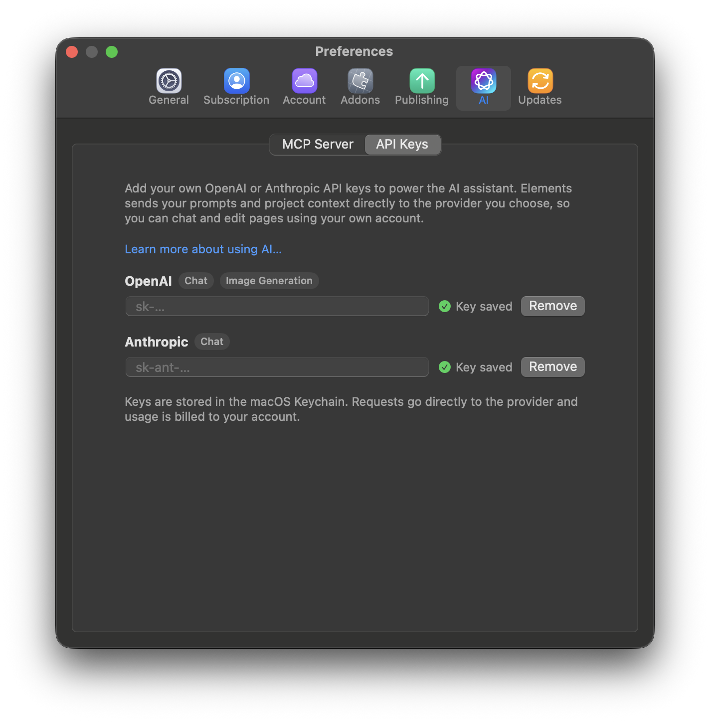 Elements Preferences showing AI > API Keys, with OpenAI supporting Chat and Image Generation and Anthropic supporting Chat