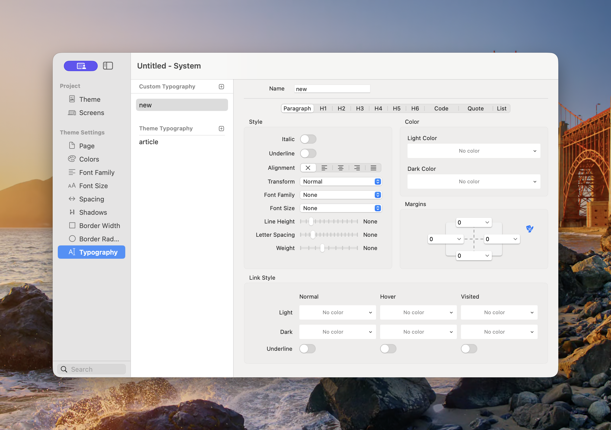 Theme Studio Typography panel showing Paragraph, H1 to H6, Code, Quote, and List settings