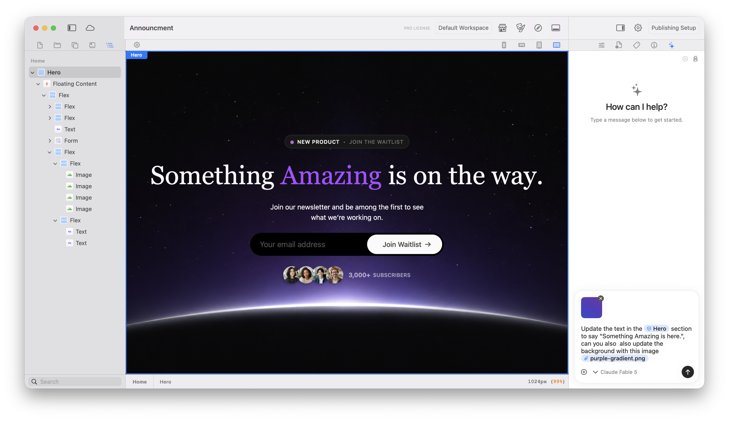 Elements with a Hero section selected and an AI Assistant message targeting the Hero component and purple-gradient.png image