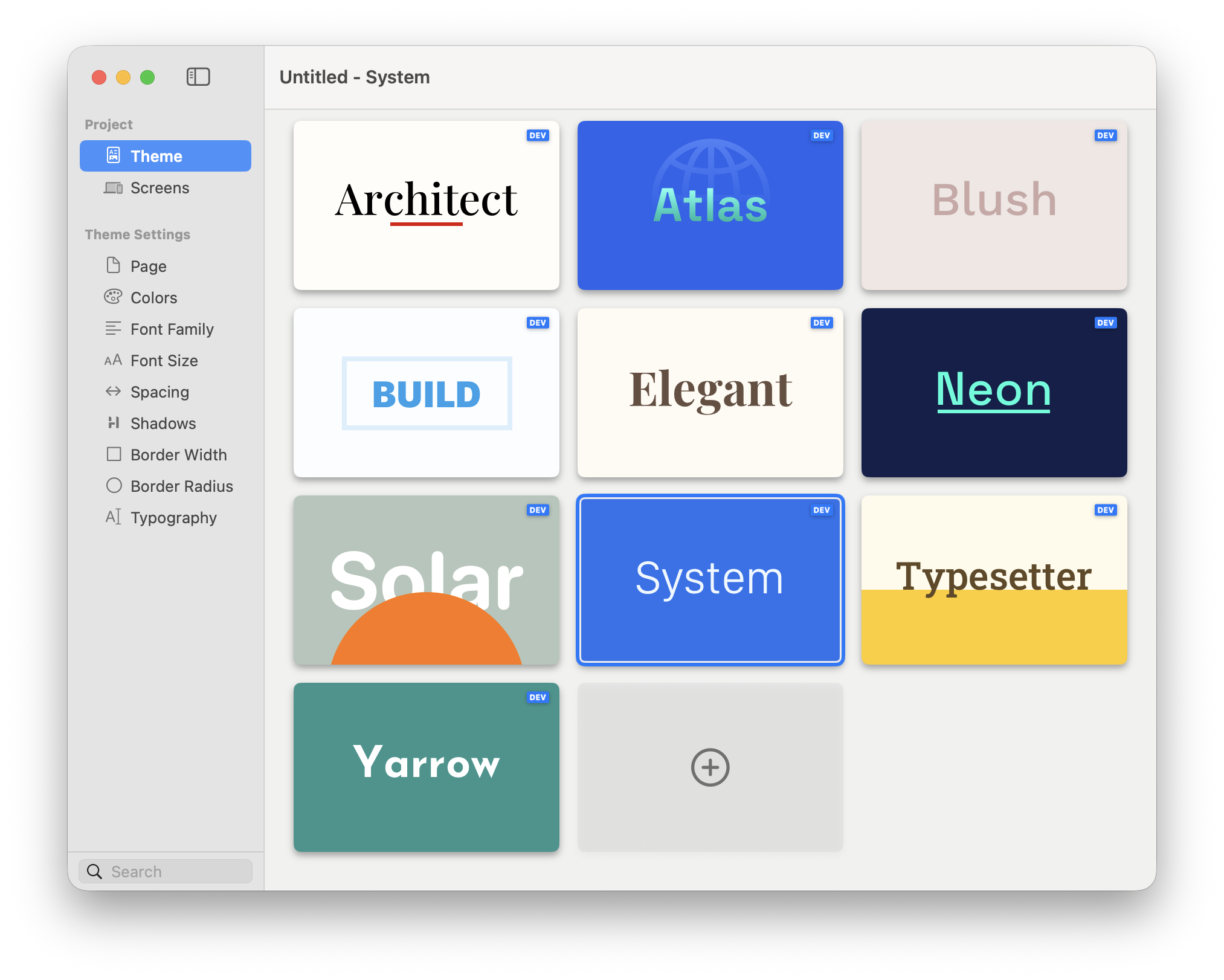 Theme Studio showing the available Architect, Atlas, Blush, Build, Elegant, Neon, Solar, System, Typesetter, and Yarrow themes
