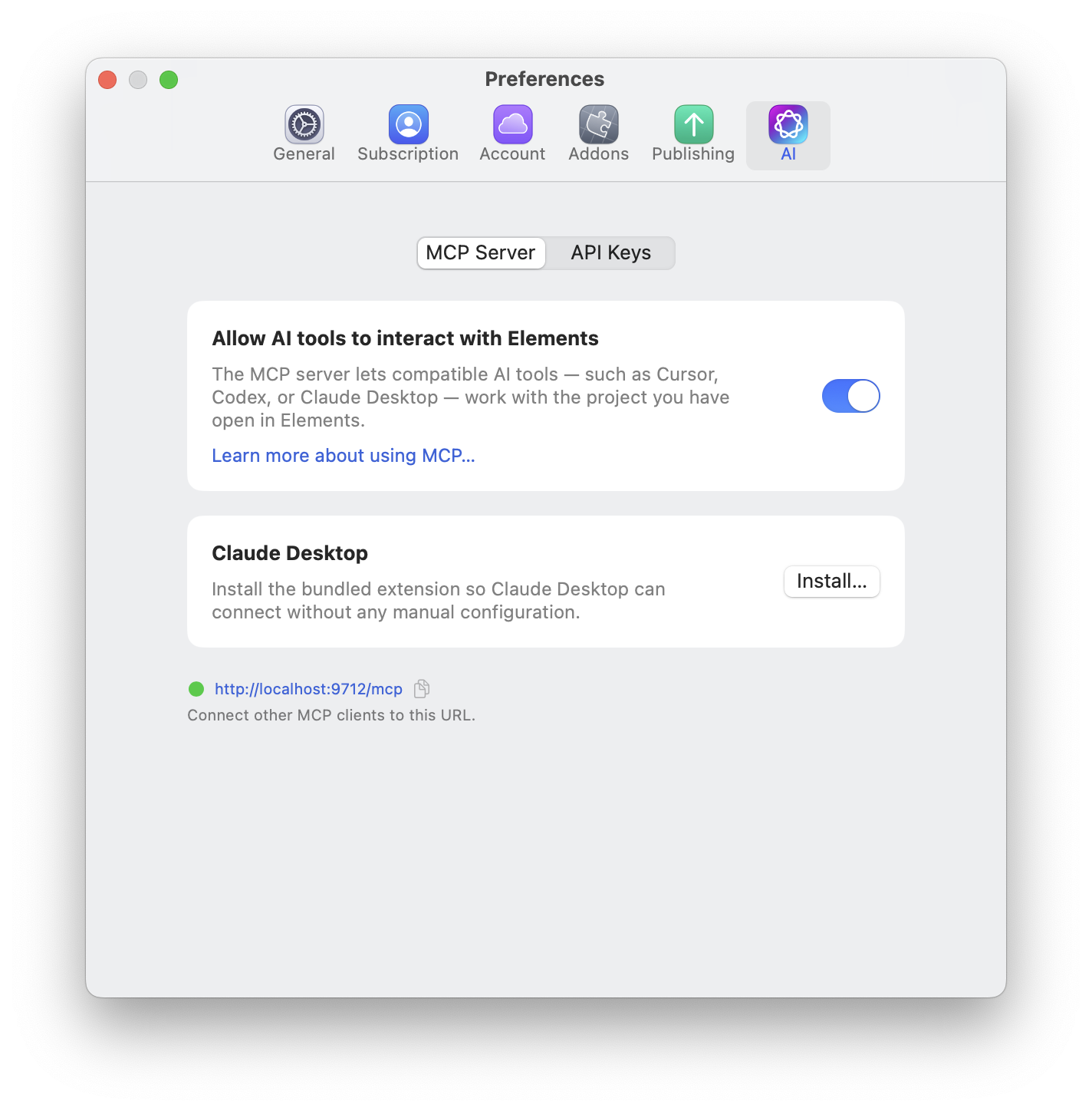 Elements Preferences showing AI > MCP Server, the enabled Allow AI tools to interact with Elements switch, the Claude Desktop installer, and the local connection URL