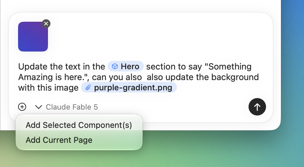 The plus menu in the Elements AI Assistant showing Add Selected Components and Add Current Page