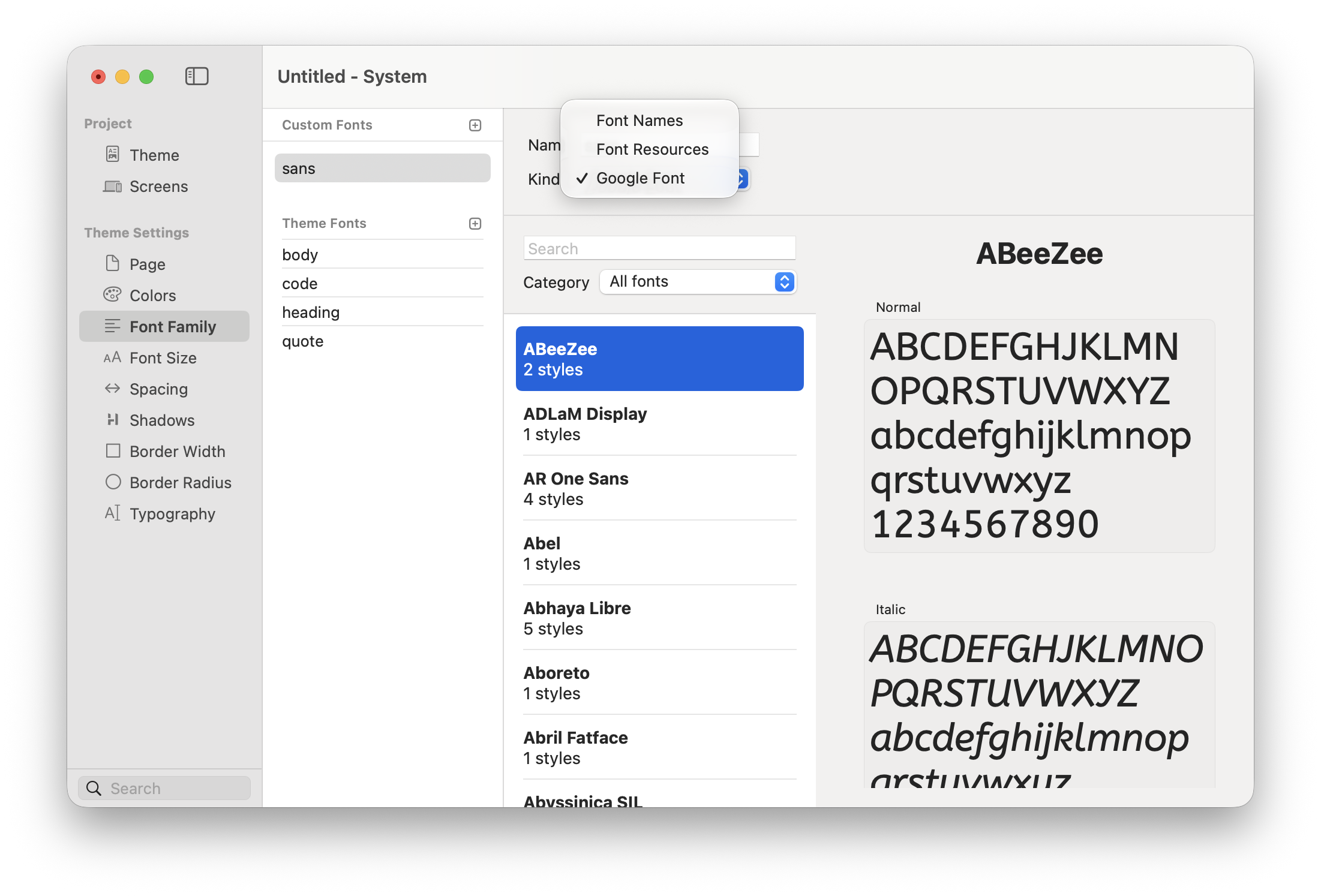 Theme Studio Font Family panel showing Font Names, Font Resources, and Google Font options
