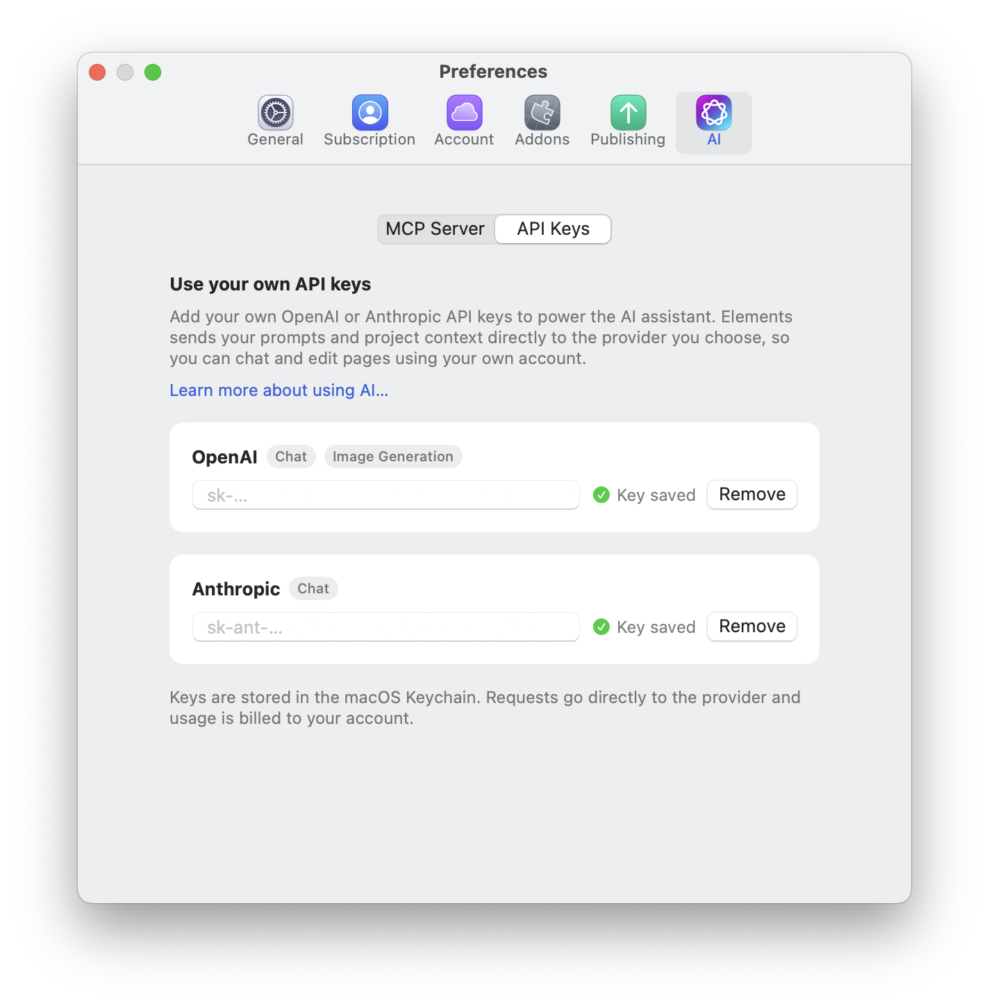 Elements Preferences showing AI > API Keys, with OpenAI supporting Chat and Image Generation and Anthropic supporting Chat