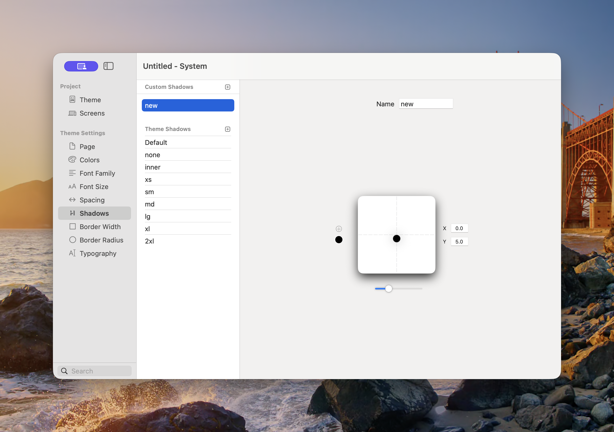 Theme Studio Shadows panel showing custom and inherited shadow styles with a visual shadow editor