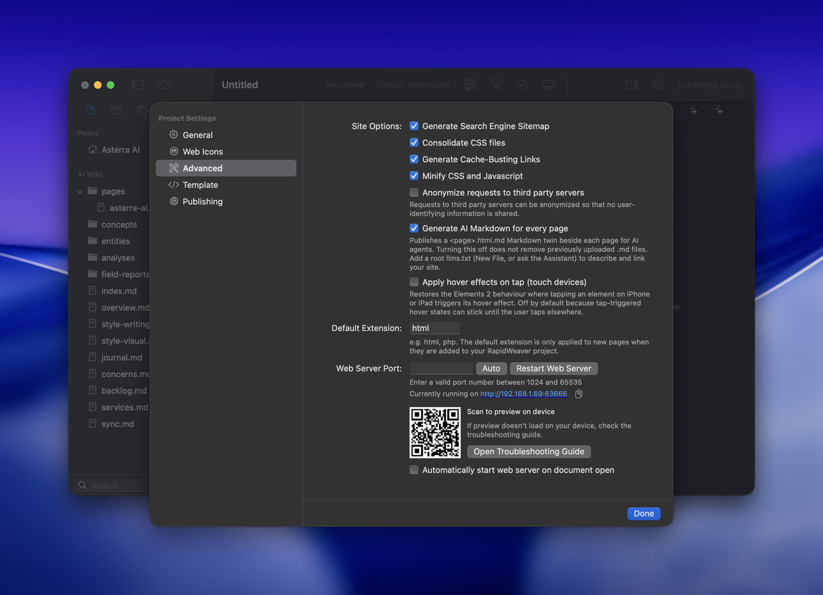 Advanced Project Settings showing site options, AI Markdown, web server port, and QR code for device preview